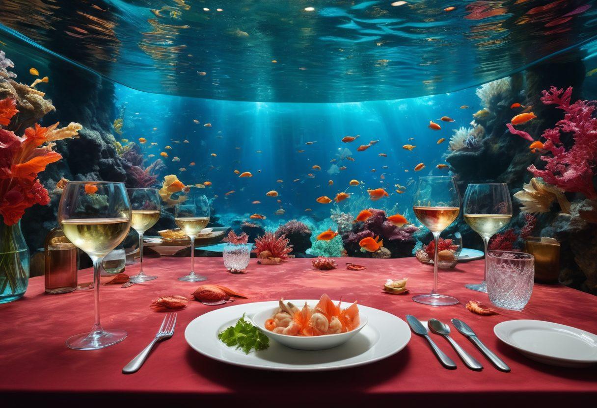 A whimsical underwater scene featuring an elegantly set table for a wine tasting event near a colorful aquarium filled with tropical fish. Various glasses of wine in shades of red, white, and rosé are artfully arranged alongside seafood dishes, with a soft glowing light filtering through the water. A diver is curiously observing from behind the glass, creating a sense of adventure and harmony between wine and aquatic life. The overall mood is vibrant and inviting, encouraging readers to indulge in both wine and the beauty of the ocean. vibrant colors. super-realistic.