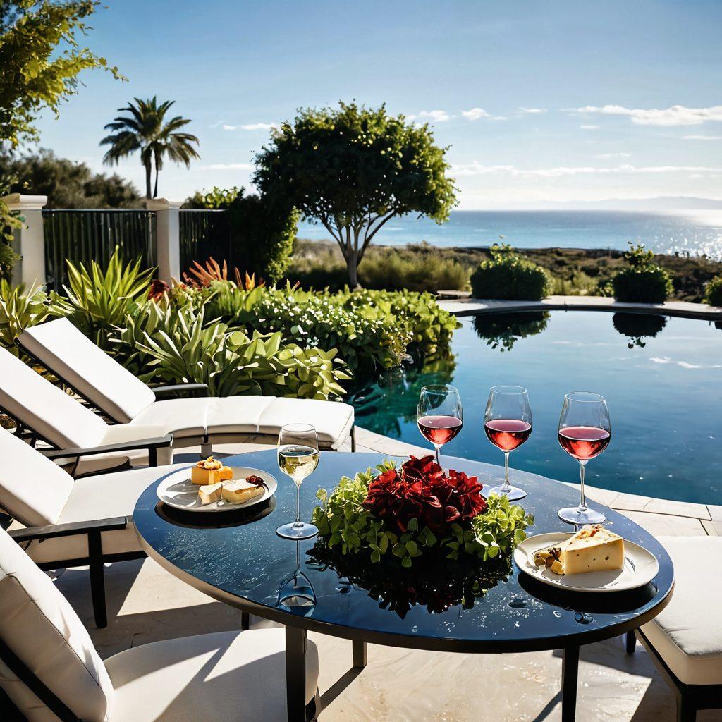 A serene outdoor scene featuring a luxurious poolside setting with vibrant aquatic plants. In the foreground, an elegant table is beautifully set with fine wine glasses filled with rich red and crisp white wines, accompanied by exquisite cheese platters. The water sparkles in the sunlight, reflecting a tranquil sky, while relaxing loungers provide a sense of leisure. Bubbles and gentle waves add to the refreshing ambiance. super-realistic. vibrant colors. outdoor setting.