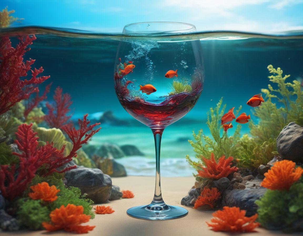 A captivating scene of a wine glass filled with deep red wine, set against a backdrop of shimmering ocean waves. Surround the glass with vibrant marine life like colorful fish, sea turtles, and coral, all harmoniously blending into the wine's hue. Use soft lighting to enhance the elegance of the wine while deep blues and greens reflect the ocean's beauty. Add a delicate overlay of marine flora like seaweed artistically entwined around the glass. super-realistic. vibrant colors. 3D.